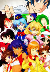 1boy 6+girls :d :q amasawa_yuuko annotated arm_at_side arms_at_sides arusu bakuman bandeau bare_shoulders black_dress black_eyes black_hair black_hat black_jacket black_shirt blonde_hair blue_capelet blue_dress blue_eyes blue_gemstone blue_hair blue_hat blue_shirt blunt_bangs blush bob_cut bow bowtie breasts brooch brown_eyes brown_hair capelet carrot carrot_hat_ornament clenched_hands closed_eyes closed_mouth company_connection cooking_idol_ai!_mai!_main! corrector_yui covered_erect_nipples crossover dark-skinned_female dark_skin dennou_coil drawing_(object) dress earrings eyelashes eyeshadow flower from_side fruit_hat_ornament fushigi_no_umi_no_nadia garrison_cap gem gloves goggles gold_earrings green_eyes green_hair hair_between_eyes hair_bobbles hair_ornament hairclip hanaoka_isami hand_up haruno_kasumi hat hat_flower hiiragi_mine holding holding_paper hoop_earrings jacket jewelry kasuga_yui kasumin large_breasts licking_lips locked_arms long_hair long_sleeves looking_at_viewer looking_to_the_side low_twintails luna_(mujin_wakusei_survive) mahou_shoujo_tai_arusu majoline makeup marie_&amp;_gali marika_(marie_&amp;_gali) mashiro_moritaka midriff mini_hat mini_top_hat mob_cap mujin_wakusei_survive multiple_crossover multiple_girls nadia_la_arwall neck_ring necklace nhk_(broadcaster) obake_no_holly one_eye_closed open_mouth orange_hair paper parted_bangs pendant pink_eyes pink_shirt puffy_short_sleeves puffy_sleeves purple_eyes purple_eyeshadow purple_hair red_bow red_bowtie red_flower red_hair red_shirt red_vest ribs robot_ears sahara_wataru shirt short_hair short_sleeves simple_background small_breasts smile strapless t-shirt tenjouin_katsura the_queen_(yadamon) tobe!_isami tongue tongue_out top_hat tube_top twintails underboob v vest wavy_hair white_background white_bandeau white_bow white_bowtie white_gloves white_hat white_jacket white_shirt witch_hat yadamon yadamon_(character) yat_anshin_uchuu_ryokou
