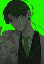 1boy black_eyes black_vest blood bloody_tears coat collared_shirt curtained_hair dongrang_(project_moon) double-parted_bangs glasses glowing green_background green_blood green_hair green_necktie hand_up hasugu highres id_card limbus_company looking_at_viewer male_focus necktie open_mouth project_moon shirt solo upper_body vest white_coat white_shirt