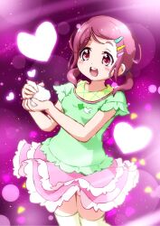 Rule 34 | 1girl, :d, bad id, blush, breasts, commentary request, cowboy shot, dot nose, food, frilled skirt, frills, green shirt, hair ornament, hairclip, hands up, happy, heart, highres, holding, holding food, hugtto! precure, legs together, low twintails, medium hair, miniskirt, nono kotori, onigiri, open mouth, pink background, pink skirt, precure, print shirt, red eyes, red hair, shirt, short sleeves, short twintails, skirt, small breasts, smile, solo, standing, teeth, thighhighs, twintails, upper teeth only, white thighhighs, yakizakana (yakizakana10967), zettai ryouiki
