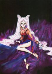 1990s_(style) 1girl absurdres aged_up anklet artbook bead_anklet beads bishoujo_senshi_sailor_moon black_choker black_lady_(sailor_moon) bracelet chibi_usa choker crescent crescent_facial_mark crystal_earrings double_bun earrings facial_mark fingernails full_body hair_bun high_heels highres holding incredibly_absurdres jewelry long_hair looking_at_viewer nail_polish necklace non-web_source object_request official_art pale_skin pink_hair purple_background purple_shawl red_eyes red_nails retro_artstyle scan see-through_clothes see-through_shawl shawl sitting solo spaghetti_strap takeuchi_naoko twintails very_long_hair wavy_hair