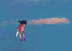 1girl backpack bag black_eyes black_hair blue_sky blush_stickers child closed_mouth cloud denim denim_shorts expressionless flying highres jetpack jitome looking_to_the_side midair original outdoors pink_shirt pink_shoes purple_shorts randoseru shirt shoes short_hair short_sleeves short_twintails shorts sky sneakers solo twintails wide_shot yashi-iro