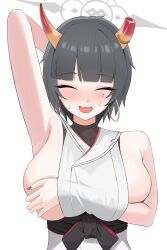 1girl ^_^ absurdres arm_behind_head armpits bare_arms black_hair blue_archive blunt_bangs blush breasts broken_horn closed_eyes commentary cone_horns covering_breasts covering_privates earrings facing_viewer fang fingernails folded_fan folding_fan gradient_horns guntree halo hand_fan highres hoop_earrings horns japanese_clothes jewelry kimono large_breasts mole mole_under_eye multicolored_horns multiple_moles nail_polish niya_(blue_archive) nose_blush open_mouth orange_horns presenting_armpit short_hair sideboob sideless_kimono simple_background skin_fang sleeveless sleeveless_kimono smile solo sweatdrop upper_body white_background white_halo white_kimono