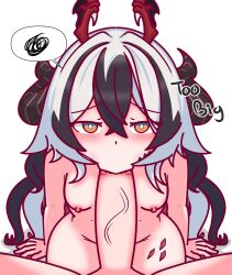 1boy 1girl :&gt;= black_hair black_horns blush completely_nude coralie_6626_planck crossed_bangs curly_hair dragon_girl dragon_horns dragon_wings english_text fellatio flat_chest from_above hair_between_eyes head_wings hetero highres honkai_(series) honkai_impact_3rd horns just_the_tip loli long_hair looking_at_viewer multicolored_hair nipples nude oral orange_eyes penis pov pov_crotch shadow sidelocks simple_background sitting speech_bubble spikes spoken_squiggle spread_legs squiggle streaked_hair striped_horns thatpervtako two-tone_hair very_long_hair white_background white_hair wings