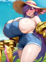 1girl absurdres bare_shoulders blue_overalls blue_sky blush breasts claws cloud cloudy_sky commentary day english_commentary fate/extra fate/extra_ccc fate/grand_order fate_(series) gigantic_breasts hair_ribbon hat highres naked_overalls open_mouth outdoors overalls passionlip_(fate) pink_eyes pink_lips pink_ribbon purple_hair raskasar ribbon sky smile solo straw_hat sun_hat teeth thighs upper_teeth_only yellow_hat