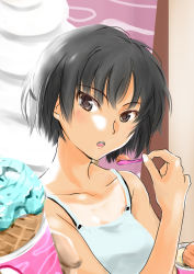 1girl amagami bare_shoulders black_hair blush bob_cut brown_hair camisole commentary eating food ice_cream ice_cream_cone looking_at_viewer murasaki_iro nanasaki_ai open_mouth portrait pov short_hair solo_focus spaghetti_strap spoon waffle_cone