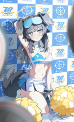1girl absurdres animal_ears arm_up armpits bare_shoulders black_hair blue_archive blue_eyes blurry blurry_foreground blush breasts checkered_background cheerleader cleavage crop_top dog_ears dog_girl dog_tail eyewear_on_head gloves goggles goggles_on_head halo hibiki_(blue_archive) hibiki_(cheer_squad)_(blue_archive) highres holding holding_pom_poms long_hair looking_at_viewer medium_breasts midriff millennium_cheerleader_outfit_(blue_archive) navel official_alternate_costume pleated_skirt pom_pom_(cheerleading) pom_poms skirt sm9969776593 solo star_sticker step_and_repeat sticker_on_face stomach sunglasses tail white_skirt yellow_halo