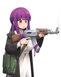 1girl :o absurdres ak-47 assault_rifle black_robe breasts commentary dress english_commentary fern_(sousou_no_frieren) gun highres holding holding_gun holding_weapon hooded_robe jestami kalashnikov_rifle large_breasts long_hair long_sleeves open_clothes open_mouth open_robe pouch purple_eyes purple_hair rifle robe signature simple_background smoke smoking_barrel solo sousou_no_frieren trigger_discipline weapon white_background white_dress