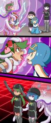 4girls arm_up black_hat blonde_hair blue_hair blush boots breath commentary_request flower gen_7_pokemon gloves green_hair grey_overalls hair_flower hair_ornament hairband hat highres hitsugi_mc kneeling lana_(pokemon) lillie_(pokemon) logo long_hair looking_at_another mallow_(pokemon) mind_control multiple_girls nihilego nintendo open_mouth overalls pink_flower pink_shirt pokemon pokemon_(creature) pokemon_usum saliva salute selene_(pokemon) shaded_face shirt short_hair team_rainbow_rocket team_rainbow_rocket_uniform teeth thigh_boots tile_floor tiles tongue tongue_out twintails ultra_beast upper_teeth_only yellow_hairband
