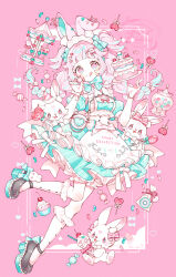 1girl animal_ears apron aqua_dress braid breasts cake candy cupcake dress food frilled_socks frills full_body hair_ornament heart heart-shaped_food heart-shaped_lollipop highres holding holding_candy holding_food inset_border jelly_bean kneehighs licking_lips lollipop long_hair looking_at_viewer original pink_background pink_hair puffy_short_sleeves puffy_sleeves rabbit rabbit_ears rabbit_girl rabbit_ornament shaped_lollipop shoes short_dress short_sleeves small_breasts socks solo tongue tongue_out twin_braids two_side_up uekura_eku white_apron