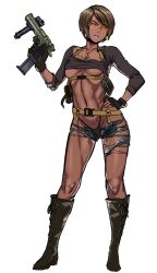 Rule 34 | 1girl, asymmetrical gloves, bare shoulders, black gloves, black panties, boots, breasts, brown boots, brown hair, brown shirt, dark-skinned female, dark skin, desert eagle, earrings, fingerless gloves, full body, glasses, gloves, gun, hand on own hip, handgun, highleg, highleg panties, holding, holding gun, holding weapon, jewelry, large breasts, long sleeves, mismatched gloves, muscular, navel, nisetanaka, orange eyes, original, panties, shirt, simple background, solo, standing, underwear, weapon, white background, witness holes