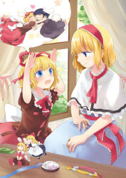 Rule 34 | 3girls, alice margatroid, animal ears, apron, back bow, black dress, black hair, black shirt, blonde hair, blue dress, blue eyes, blue ribbon, blush, bow, bowtie, capelet, collar, commentary request, curtains, doll, dress, fairy wings, foliage, frilled collar, frills, hair ribbon, hairband, heart, hug, image in speech bubble, inaba tewi, indoors, jewelry, looking at another, medicine melancholy, medium hair, mito tsubaki, multiple girls, multiple views, neck ribbon, pin, pincushion, profile, puppet rings, rabbit ears, rabbit girl, rabbit pose, rabbit tail, red bow, red bowtie, red hairband, red ribbon, red sash, red skirt, ribbon, ring, sash, shanghai doll, shirt, sitting, skirt, smile, speech bubble, star (symbol), star symbol background, su-san, sweatdrop, table, tail, tape, thread, touhou, white apron, white bow, white capelet, white collar, window, wings