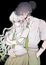 Rule 34 | 1boy, 1girl, absurdres, black background, blue eyes, brother and sister, brown pants, brown skirt, closed mouth, collared shirt, crossed arms, daki (kimetsu no yaiba), earrings, green nails, green necktie, gyuutarou (kimetsu no yaiba), hand in pocket, highres, jewelry, kimetsu gakuen, kimetsu no yaiba, long hair, nail polish, necktie, pants, rand (user cpvm2834), sharp teeth, shirt, siblings, simple background, skirt, teeth, wavy hair, white hair, white shirt