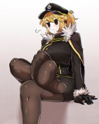1girl 2024 alternate_costume arm_support black_cape black_dress black_gloves black_hat blonde_hair blush borrowed_character breasts brown_pantyhose cape commentary commission confused crossed_legs dalsegno dress english_commentary feet foot_focus foot_up foreshortening fur-trimmed_cape fur-trimmed_sleeves fur_trim gloves gold_trim hair_over_one_eye hat highres large_breasts locket_white_(bakalorin) long_sleeves looking_at_viewer mario_(series) military_hat nintendo original pantyhose shadow shy_gal simple_background soles swept_bangs turtleneck turtleneck_dress white_background white_mask