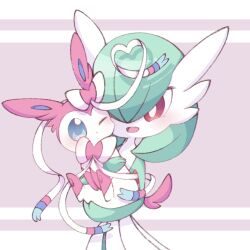 blue_eyes blush bob_cut bow bowtie colored_skin dress gardevoir gen_3_pokemon gen_6_pokemon green_hair green_skin heart highres holding holding_pokemon multicolored_fur multicolored_skin narumiya_pkmn nintendo one_eye_closed pink_eyes pink_fur pokemon pokemon_(creature) signature simple_background sylveon two-tone_skin white_dress white_fur white_skin