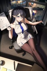 Rule 34 | 1girl, absurdres, armband, black hair, blue archive, blue armband, blue eyes, blue hair, blue halo, blue necktie, chair, coat, collared dress, colored inner hair, dong (art woodong), dress, glasses, gloves, half gloves, halo, highres, indoors, long hair, looking at viewer, multicolored hair, necktie, pointy ears, rimless eyewear, rin (blue archive), sitting, sleeveless, sleeveless dress, solo, white coat, white gloves, window