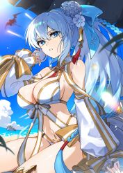 1boy 2girls absurdres bare_shoulders beach beach_umbrella bikini blue_bow blue_eyes blue_hair blue_sky blurry bow braid breasts cloud day depth_of_field detached_sleeves dragon_girl dragon_tail dragon_wings fate/grand_order fate_(series) flower flying food gold_trim gradient_hair grey_hair hair_between_eyes hair_bow hair_bun hair_flower hair_ornament half_up_braid halterneck hand_in_own_hair hand_up highres holding holding_food holding_popsicle innertube jacket large_breasts leaf long_hair long_sleeves looking_at_viewer melusine_(fate) morgan_le_fay_(fate) morgan_le_fay_(water_princess)_(fate) multicolored_hair multiple_girls navel oberon_(fate) oberon_(refreshing_summer_prince)_(fate) ocean outdoors parted_lips pink_innertube ponytail popsicle pubic_tattoo puffy_long_sleeves puffy_sleeves sand sandals single_braid sitting sky sleeves_past_wrists solo_focus sunglasses swim_ring swimsuit tail tassel tassel_hair_ornament tattoo umbrella white_bikini white_flower white_hair white_jacket wings yamabuki_otk
