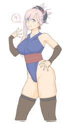 1girl ? blue_eyes blue_leotard brown_leotard detached_sleeves dyun fate/grand_order fate_(series) folded_ponytail hand_up highleg highleg_leotard highres leotard looking_at_viewer miyamoto_musashi_(fate) miyamoto_musashi_(first_ascension)_(fate) obi pink_hair red_sash sash simple_background smile solo spoken_question_mark standing sweat sweatdrop thighhighs white_background