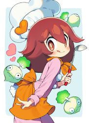 blush brown_eyes chef_hat chef cocomin_(crazy_galaxy) commission crazy_galaxy fingernails hair_between_eyes hat heart highres holding iroyopon ladle long_sleeves looking_at_viewer neckerchief nintendo red_hair sidelocks skeb_commission tongue tongue_out turnip