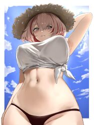 1girl absurdres akizuki_(17769498) arm_up armpits azur_lane bare_shoulders bikini bikini_bottom_only black_bikini blonde_hair blue_sky blush breasts brown_eyes cloud commentary_request cowboy_shot crossed_bangs day from_below groin hair_between_eyes hat highres large_breasts looking_at_viewer multicolored_hair navel parted_lips presenting_armpit red_hair roon_(azur_lane) shirt short_hair sidelocks signature sky sleeveless sleeveless_shirt smile solo standing stomach straw_hat streaked_hair swimsuit tied_shirt two-tone_hair white_shirt