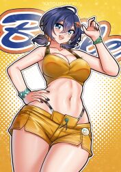 1girl absurdres ahoge artist_name belle_(zenless_zone_zero) bikini black_nails blue_eyes blue_hair blush bracelet breasts character_name cleavage collarbone flower hair_between_eyes hair_ornament hair_ribbon hairpin hand_on_own_hip highres jewelry katou_shinobu large_breasts looking_at_viewer low_twintails open_mouth orange_background orange_bikini orange_ribbon orange_shorts ribbon short_hair short_shorts short_twintails shorts smile solo standing swimsuit teeth thighs tongue twintails zenless_zone_zero