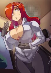 Rule 34 | 1girl, absurdres, bottle, breasts, cleavage, dutch angle, fanning self, fencing, fencing suit, gloves, hair over one eye, highres, large breasts, long hair, moxydraws, official alternate costume, parasoul (skullgirls), rapier, red hair, skullgirls, solo, sweat, sword, weapon, yellow eyes, zipper pull tab