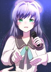 3girls 4th_live_dream_~bloom_the_dream_believers~ :d aurora_flower_(love_live!) beret blush brown_hat collared_dress commentary_request contrast_collar dream_believers dress green_eyes green_ribbon hair_intakes hat highres holding holding_microphone link!_like!_love_live! long_hair long_sleeves love_live! microphone multiple_girls nacchu neck_ribbon official_alternate_costume open_mouth otomune_kozue pink_dress pinstripe_ribbon ribbon rounded_collar smile solo_focus tearing_up translation_request upper_body virtual_youtuber