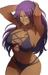 1girl alternate_costume alternate_hairstyle armpits arms_behind_head arms_up bare_arms bare_shoulders bikini black_bikini bleach bleach:_brave_souls breasts cleavage collarbone criss-cross_halter dark-skinned_female dark_skin hair_down halterneck hands_in_own_hair highres large_breasts long_hair looking_at_viewer navel official_alternate_costume presenting_armpit purple_hair shihouin_yoruichi simple_background smile solo stomach string_bikini swimsuit thatamaan thighs toned toned_female white_background yellow_eyes