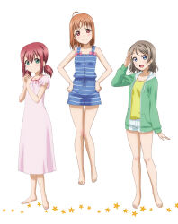 3girls :d ahoge aqua_eyes artbook barefoot blue_eyes blush bow closed_mouth collarbone drawstring dress full_body green_jacket grey_hair hair_between_eyes hands_on_own_hips highres hood hood_down hooded_jacket hoodie jacket kurosawa_ruby long_hair long_sleeves looking_at_viewer love_live! love_live!_sunshine!! low_twintails multiple_girls non-web_source official_art open_clothes open_jacket open_mouth orange_hair own_hands_together pink_bow pink_dress red_eyes red_hair salute shirt short_hair short_shorts short_sleeves short_twintails shorts simple_background sleeveless sleeveless_dress smile standing striped_clothes striped_shirt striped_shorts takami_chika thigh_gap twintails watanabe_you white_background yellow_shirt