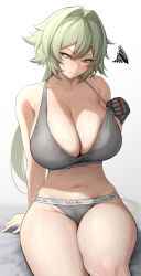 1girl bra breasts caesar_king_(zenless_zone_zero) calvin_klein closed_mouth collarbone gradient_background green_hair grey_background grey_bra grey_panties highres huge_breasts long_hair looking_down mechanical_arms mikage_77777 navel panties solo sweat underwear underwear_only yellow_eyes zenless_zone_zero