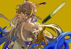 Rule 34 | 1girl, arknights, backlighting, bare shoulders, beads, belt, blonde hair, blue eyes, blue hair, chinese commentary, closed mouth, colored extremities, commentary request, cowboy shot, dragon girl, dragon horns, earrings, floating hair, hair between eyes, hair intakes, highres, horns, jewelry, light smile, linjiangshasha, long hair, multicolored hair, necklace, off shoulder, outstretched arm, pointy ears, red pupils, shu (arknights), simple background, solo, standing, strapless, sword, tube top, very long hair, weapon, white belt, white hair, white tube top, yellow background