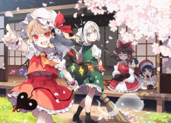 4girls :3 ascot black_footwear black_hairband black_socks blonde_hair blue_eyes blue_hair bow bow_hairband broom cherry_blossoms closed_eyes crystal detached_sleeves doremy_sweet falling_petals fang flandre_scarlet frilled_skirt frilled_wristband frills green_bow green_skirt green_vest hairband hakurei_reimu hat head_rest highres index_finger_raised kaenbyou_rin kaenbyou_rin_(cat) konpaku_youmu laevatein_(touhou) looking_at_viewer mob_cap multiple_girls nontraditional_miko open_mouth petals pointing puffy_short_sleeves puffy_sleeves red_eyes red_skirt red_vest second-party_source shirt short_sleeves sitting skin_fang skirt skirt_set smile socks standing sweeping touhou toutenkou vest walking white_hair white_shirt wings yellow_ascot