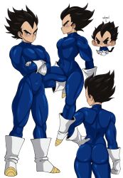 1other ass black_hair blush closed_mouth dragon_ball dragonball_z full_body genderswap_(mto) gloves muscular muscular_other niusesabe pectorals saiyan solo spiked_hair tight_clothes vegeta white_background white_gloves