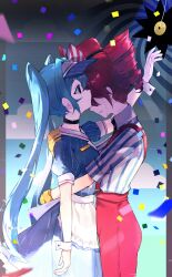 2girls absurdres alternate_costume alternate_eye_color apron arm_at_side black_choker black_necktie blue_dress blue_hair bow buttons choker clenched_teeth cloud collared_dress collared_shirt confetti covered_eyes cowboy_shot crying diagonal-striped_bow dress drill_hair from_side hair_over_eyes hanaya_(fleur) hashtag-only_commentary hat hat_bow hatsune_miku highres hug hypnosis kasane_teto long_hair looking_ahead looking_up mesmerizer_(vocaloid) mind_control multiple_girls necktie pants pendulum pinstripe_dress pinstripe_hat pinstripe_pattern reaching red_hat red_pants sailor_collar shirt sleeves_rolled_up solid_oval_eyes standing striped_clothes striped_shirt suspenders teeth twin_drills twintails two-tone_bow utau visor_cap vocaloid waist_apron white_apron white_bow white_sailor_collar white_wrist_cuffs wing_collar wrist_cuffs