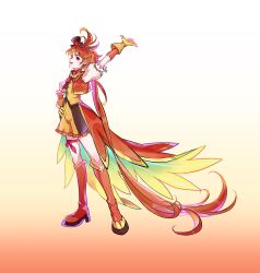 Rule 34 | 1boy, absurdly long hair, absurdres, arm up, black hat, boots, bow, bow legwear, bowtie, buttons, chinese commentary, collared vest, commentary request, cure wing, earrings, eyelashes, feather-trimmed skirt, feather trim, frilled shorts, frilled sleeves, frills, full body, girly boy, gloves, gradient background, hair spread out, hand on own hip, happy, hat, hat bow, high heel boots, high heels, highres, hirogaru sky! precure, inhan, jewelry, knee boots, long hair, long skirt, low ponytail, magical boy, male focus, mini hat, mini top hat, multicolored buttons, open clothes, open mouth, open vest, orange arm warmers, orange background, orange boots, orange eyes, orange hair, orange skirt, orange vest, pointy nose, ponytail, precure, puffy short sleeves, puffy sleeves, red bow, red bowtie, shirt, short sleeves, shorts, showgirl skirt, skirt, smile, solo, sphere earrings, standing, swept bangs, tachi-e, thick eyebrows, thigh strap, top hat, two-sided fabric, two-sided skirt, two-tone bow, two-tone bowtie, very long hair, vest, white background, white sleeves, yellow bow, yellow bowtie, yellow gloves, yellow shirt, yellow shorts, yellow skirt, yuunagi tsubasa