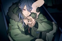 1boy arisugawa_dice black_shirt blue_hair cigarette commentary cowboy_shot crossed_legs fur-trimmed_jacket fur_trim green_jacket grey_pants hacobox holding holding_cigarette hypnosis_mic jacket long_hair looking_at_viewer male_focus mullet pants parted_lips pink_eyes shirt smoke solo symbol-only_commentary torn_clothes torn_pants watermark