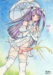 00s 1futa 2008 blush breasts censored erection foreskin full-package_futanari futanari huge_testicles jinjin large_breasts large_penis long_hair peeing penis purple_eyes purple_hair simple_background solo testicles twintails umbrella veins