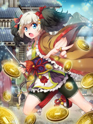 Rule 34 | 1girl, black shorts, blue eyes, blue sky, bow, brown coat, brown hair, building, coat, coin, commentary, dagger, day, frilled coat, frilled leg warmers, frilled skirt, frills, full body, gold coin, gold ring, hair bow, hair ornament, hairclip, highres, holding, holding dagger, holding knife, holding weapon, holed coin, japanese clothes, kimono, knife, leg warmers, mountain, multicolored hair, obi, open mouth, outdoors, people, purple sash, purple skirt, red leg warmers, red sandals, red trim, running, sandals, sash, short kimono, short yukata, shorts, skirt, sky, socks, solo, sunlight, tenka touitsu chronicle, throwing, throwing money, tile roof, twintails, two-tone hair, weapon, white hair, white kimono, white socks, window, wooni, yukata