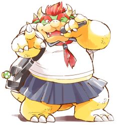 1-up_mushroom 1boy 1up bowser claws crossdressing crossdressing_(mtf) garou-zuki horns looking_at_viewer male_focus mario_(series) microphone mushroom nintendo one_eye_closed pinky_out pointing red_hair school_uniform serafuku simple_background skirt solo tail white_background