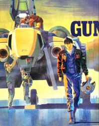 1990s_(style) 4boys black_hair boots canopy_(aircraft) core_fighter cropped earphones emblem engineer gundam gundam_0083 hangar headgear helmet jacket jumpsuit katoki_hajime kou_uraki landing_gear logo looking_at_viewer multiple_boys official_art open_hatch painting_(medium) pilot production_art retro_artstyle scan short_hair signature spacecraft starfighter traditional_media unworn_headwear unworn_helmet walking walking_towards_viewer