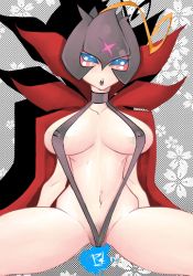 Rule 34 | 1girl, areola slip, bancholilimon, blue eyes, breasts, cape, choker, covered erect nipples, digimon, large breasts, pubic hair, swimsuit