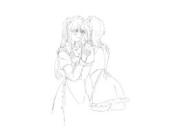 2girls alternate_costume asahina_yuni blush dress enmaided eye_contact frilled_dress frills greyscale haoxiangkan_nutong highres juliet_sleeves kyou_wa_kanojo_ga_inai_kara long_hair long_sleeves looking_at_another maid maid_headdress monochrome multiple_girls puffy_short_sleeves puffy_sleeves short_sleeves smile taki_fuuko yuri