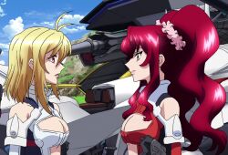Rule 34 | 2girls, ahoge, angelise ikaruga misurugi, bare shoulders, blonde hair, bodysuit, breasts, cleavage, cleavage cutout, closed mouth, clothing cutout, cloud, couple, cross ange, day, eye contact, hair between eyes, hair ornament, hair scrunchie, hilda (cross ange), large breasts, lips, lipstick, long hair, looking at another, makeup, medium breasts, multiple girls, non-web source, out of frame, outdoors, parted lips, pink lips, pink scrunchie, purple eyes, red bodysuit, red eyes, red hair, revealing clothes, scrunchie, short hair, shoulder cutout, sidelocks, sky, smile, standing, straight hair, twintails, upper body, white bodysuit