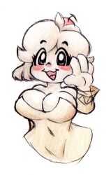 Rule 34 | 1girl, :3, bare shoulders, blonde hair, blush stickers, breasts, cherry, cleavage, colored skin, covered navel, cropped torso, detached sleeves, dress, food, food on head, fruit, fruit on head, hand up, large breasts, looking at viewer, merei (thatartistann), object on head, open mouth, original, scan, scan artifacts, short hair, simple background, solo, strapless, strapless dress, thatartistann, traditional media, waving, white background, yellow dress, yellow eyes, yellow skin