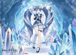1girl black_footwear blue_dress blue_eyes blue_gloves blue_hair dark_blue_hair dress drill_hair full_body gloves grey_hair hair_ornament hatsune_miku long_hair looking_at_viewer multicolored_hair official_art open_mouth rabbit_yukine single_thighhigh sleeveless sleeveless_dress smile snowflake_hair_ornament standing striped_clothes striped_thighhighs thigh_strap thighhighs tokki twin_drills twintails very_long_hair vocaloid white_thighhighs yuki_miku yuki_miku_(2025)