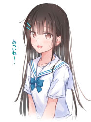 1girl black_hair blue_bow blue_bowtie blush bow bowtie breasts brown_eyes collarbone hair_ornament hairclip kutatsu_(kutatsu7) long_hair looking_at_viewer mole mole_under_eye open_mouth original sailor_collar school_uniform shirt short_sleeves simple_background small_breasts smile solo sweat sweatdrop upper_body white_background white_sailor_collar yuki_(kutatsu)