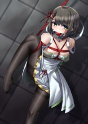 1girl absurdres agnus_female_off-seer_uniform arms_behind_back ball_gag bare_shoulders bdsm black_pantyhose bob_cut bondage bound bound_arms bound_breasts bound_legs bound_torso breast_bondage breasts brown_hair chest_jewel detached_sleeves dress drooling female_focus fleur_racine flower_knot gag gagged green_eyes highres miyabi_(xenoblade) no_shoes one_leg_raised pantyhose red_rope restrained rope saliva saliva_trail shibari shibari_over_clothes short_dress short_hair solo standing standing_on_one_leg suspension thighband_pantyhose white_dress wiffle_gag xenoblade_chronicles_(series) xenoblade_chronicles_3