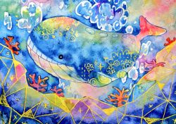 air_bubble animal_focus bubble commentary_request coral creatures_(company) from_side full_body game_freak gen_3_pokemon nintendo no_humans non_(kumakawayusu) painting_(medium) pokemon pokemon_(creature) pokemon_focus smile solo swimming teeth traditional_media underwater wailord watercolor_(medium) whale