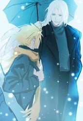 2boys blonde_hair cloud_strife coat final_fantasy final_fantasy_vii green_eyes grey_hair holding holding_umbrella light_smile long_hair looking_at_another male_focus multiple_boys scarf sephiroth snowing spiked_hair standing sweater turtleneck turtleneck_sweater umbrella winter winter_clothes yaoi zz_(lanbai34846959)
