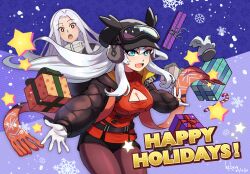 1boy 1girl black_hat black_jacket blue_eyes candy candy_cane christmas cleavage_cutout clothing_cutout dragalia_lost food gift gloves goggles goggles_on_head hat highres ilia_(dragalia_lost) jacket kelzero long_hair mordecai_(dragalia_lost) open_mouth pantyhose red_eyes red_sweater sweater white_gloves white_hair