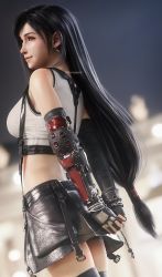 1girl 3d absurdres arms_behind_back asymmetrical_bangs black_hair breasts earrings elbow_pads final_fantasy final_fantasy_vii final_fantasy_vii_remake fingerless_gloves gloves highres jewelry large_breasts leather leather_skirt long_hair low-tied_long_hair midriff own_hands_clasped red_eyes ria-neearts shirt skirt solo square_enix suspender_skirt suspenders tifa_lockhart upper_body white_shirt